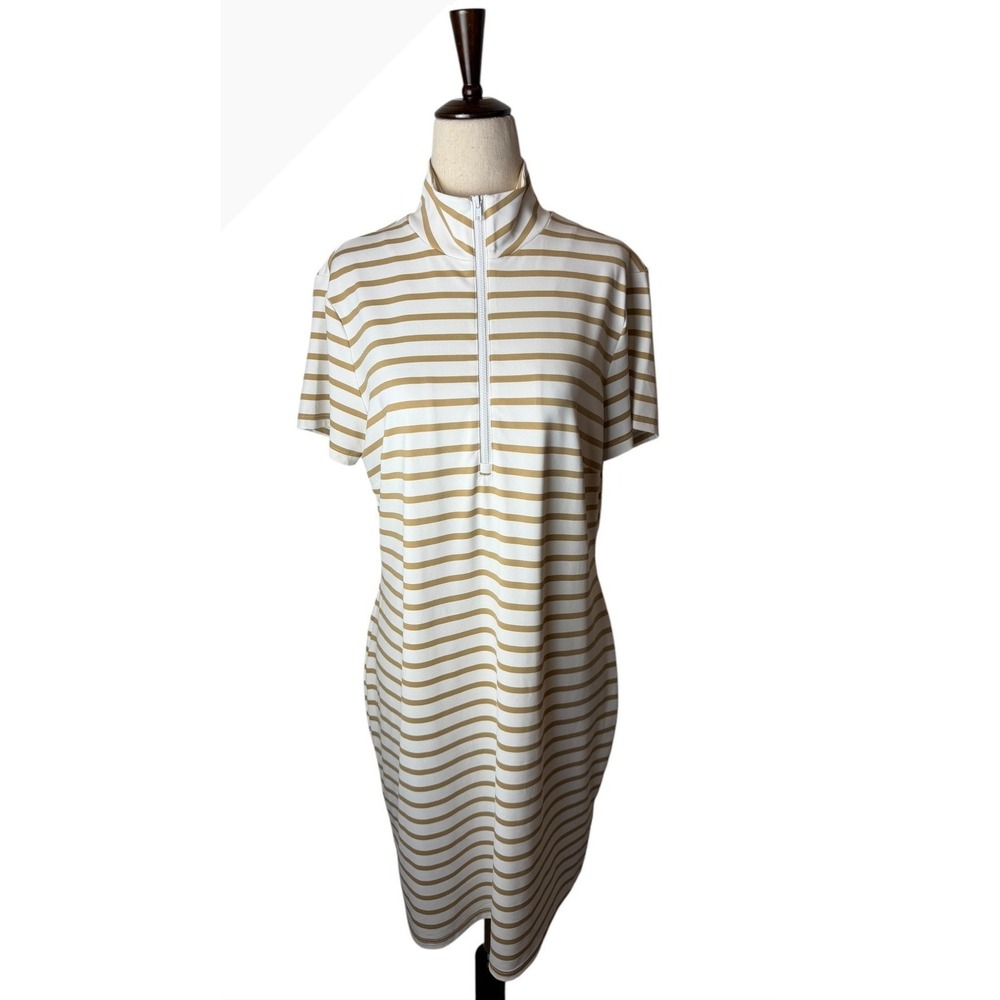 Jude Connally Quarter‎ Zip Dress Women Medium Tan White Striped Coastal Sporty